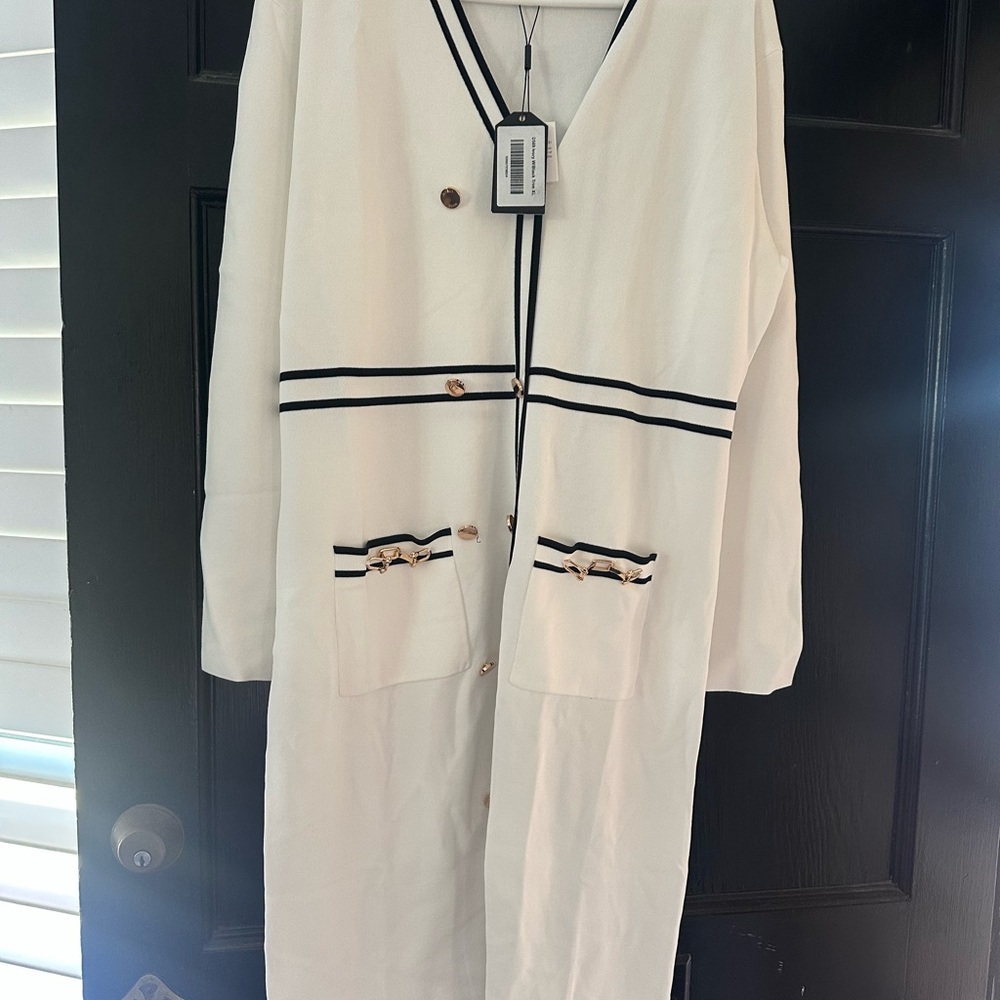 Aleeza Paris White Cardigan Dress with Black Trim Midi Length - Picture 3 of 9